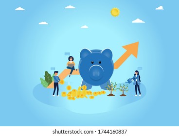 investment and business concept,Vector illustration of Woman using laptop computer and businessman watering money tree and piggy banks with coin money with successful small people,Investors strategy