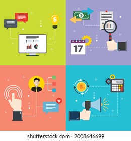 Investment, business, growth, communication and finance icons. Concepts of growth investment, investment, business meeting, communication and finance. Flat design icons in vector illustration.