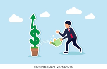  Investment and business growth lead to stock market profits and increased earning, concept of A successful businessman waters a dollar sign plant growing up a graph