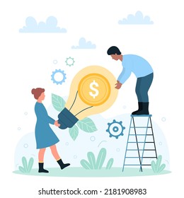 Investment in business ideas, creative inventions and innovations vector illustration. Cartoon tiny people holding bright yellow light bulb with dollar coin inside. Crowdfunding, solution concept
