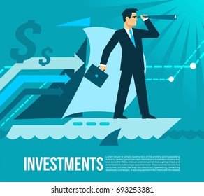 Investment business plans flat vector. Man looks at the far horizons of his business after investment stream on the sail of his abstract small company