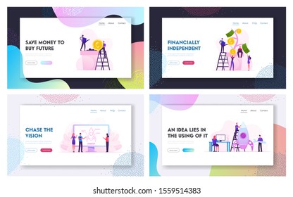 Investment and Business Startup Website Landing Page Set. Businesspeople Planting and Care of Money Tree, Colleagues Developing Start Up Launch Rocket Web Page Banner. Cartoon Flat Vector Illustration