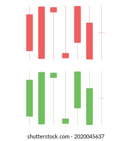 Investment candlestick icon. Various forms and variants of situations in the securities market. Two colors - red and green. Vector illustration on a pure white background.