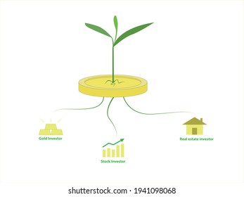 Investment for capital growth. The fundamentals of investing in real estate, stocks and gold. Plant money coin tree growth illustration for dividend income Concept. - vector