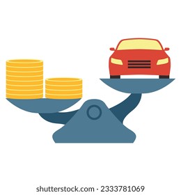 Investment in car.Scales with car and gold coins.Financial scales with car.Automobile and money on scales.Car valuation.The cost of the vehicle and the stack of coins.Sedan price.