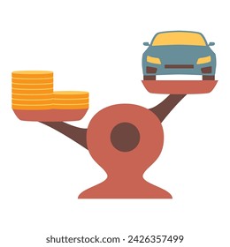 Investment in car.Scales with car and gold coins.Financial scales with car.Automobile and money on scales.Car valuation.The cost of the vehicle and the stack of coins.Sedan price.