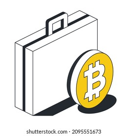Investment case portfolio, bitcoin coin currency. Vector 3d line isometric, color web icons, new flat style. Creative illustration, design idea for infographics.