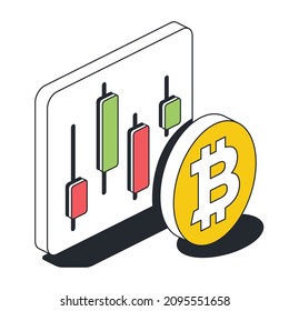 Gráfico de inversión, moneda de bitcoin, candelabros. Vector 3d línea isométrica, iconos de color web, nuevo estilo plano. Ilustración creativa, idea de diseño para infografías.