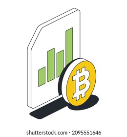 Investment chart, bitcoin coin, document file. Vector 3d line isometric, color web icons, new flat style. Creative illustration, design idea for infographics.