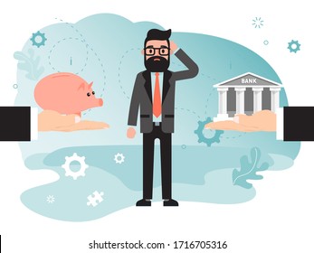 Decisión de elección de inversión, concepto de comparación financiera, depósito bancario o ahorro de dinero en banco piggy, diseño ilustración vectorial. Empresario masculino desconcertado por las opciones de almacenamiento seguro, competente, efectivo.