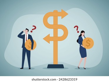 Investment choice or option to make profit, buy or rent, pay off debt or invest, select best earning asset, confused businessman and woman investor hold money coin choose dollar direction signs.