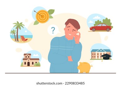 Investment choice vector illustration. Cartoon lucky rich man with piggy bank thinking about choosing to invest in buying family home or car, beach vacation or education, dream of goal achievement