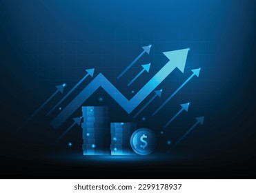 investment and coin money with arrow up on blue dark background. business trading growth concept. market chart profit money. vector illustration fantastic low poly design.