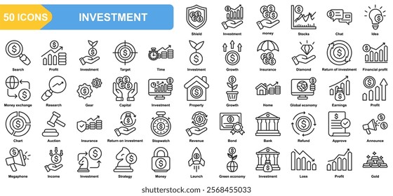 Investment collection icon set. Money, Stocks, Idea, Profit, Target, Diamond. Simple line vector.