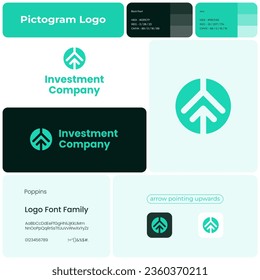 Investment company green glyph business logo. Brand name. Financial service. Arrow pointing up. Design element. Visual identity. Poppins font used. Suitable for asset management, hedge fund startup