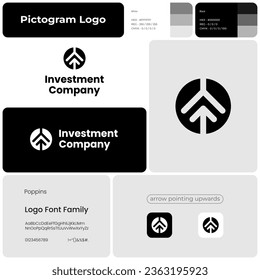 Investment company monochrome glyph business logo. Brand name. Fin tech startup. Arrow pointing up. Design element. Visual identity. Poppins font used. Suitable for consulting firm, trading platform