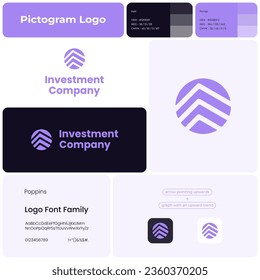 Investment company purple glyph business logo. Brand name. Financial planning. Upward trend. Design element. Visual identity. Poppins font used. Suitable for wealth management firm, real estate broker