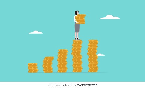 investment compound interest growth, increase in the value of money savings, additional value from capital or investment, business woman investment makes a growth graph using gold money coins