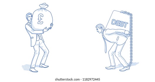 Investment concept. Business sketch. Businessman with money bag and carrying debt weight. Hand drawn cartoon characters. Vector illustration. 