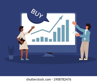 Investment concept. Business success. Financial growth. Stock market boom. Lucky retail investorand adviser. Shares rally. Minor shareholders getting money. Vector flat color illustration.