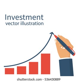 Investment concept. Businessman hold pen draws a line graph arrow with increasing investment. Management strategy marketing. Chart financial gain. Vector illustration flat design.