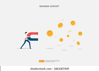 investment concept of catching opportunity with businessman character attraction collect money coin. Flat cartoon design. business startup invest growth metaphor vector illustration