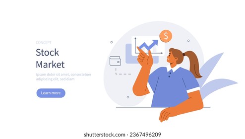 
Investment concept. Character investing money in stocks, becoming financially successful and capital growth. Vector illustration.
