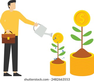 investment concept, finance, growth income, analyst, finance, economy, investor, report, progress or development concept, businessman watering money plant or increasing income. flat illustration vecto