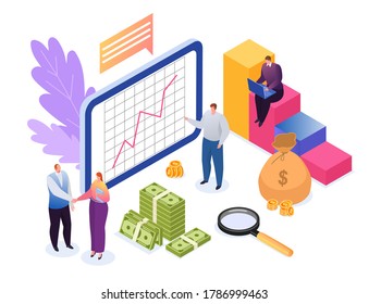 Investment concept of finances flat vector illustration. Development, data research financial growth, graph statistics and investers tiny people. Investing analysis, business document, strategic.