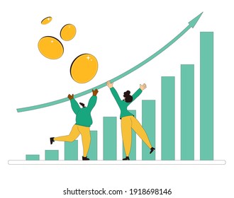 Investment Concept. Financial Growth.  Stock Market  Boom. Lucky Retail Investors. Shares Rally. Minor Shareholders Getting Money. Vector Flat Color Illustration.