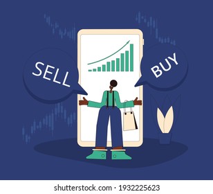 Investment concept. Financial growth.  Stock market  boom. Lucky retail investor with mobile app. Shares rally. Minor shareholders getting money. Vector flat color illustration.