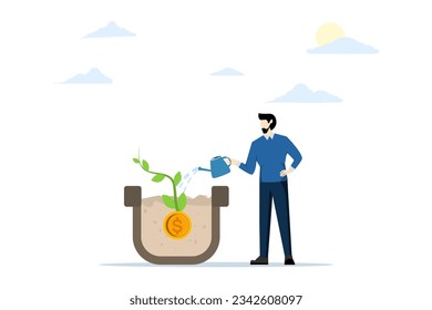 investment concept. Grow Money. Business financing or investment growth. Money tree seedling in a pot. Businessman watering growing dollar coins. flat vector illustration on a white background.