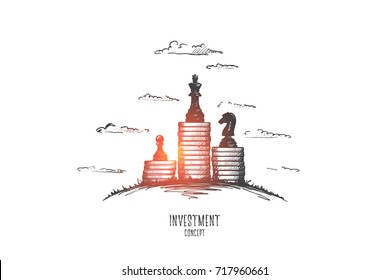 Investment concept. Hand drawn piles of coins with chessmen on them. Invest money isolated vector illustration.