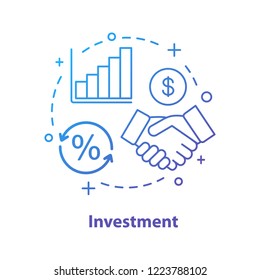 Investment concept icon. Agreement idea thin line illustration. Partnership. Profit growth. Handshake. Stock market analyzing.  Vector isolated outline drawing
