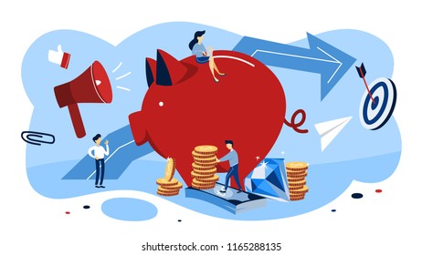 Investment concept. Idea of financial support. Investing money in innovative project. People sitting on a giant piggy bank. Isolated flat vector illustration