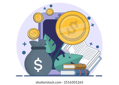 Investment concept. Investing money in digital platforms, self-development, knowledge and education. Personal financial management and financial literacy. Vector illustration.