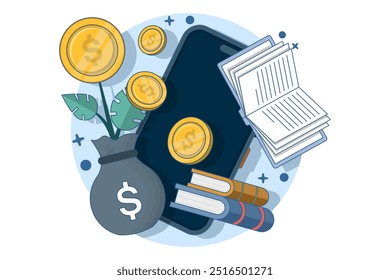 Conceito de investimento. Investir dinheiro em plataformas digitais, autodesenvolvimento, conhecimento e educação. Gestão financeira pessoal e literacia financeira. Ilustração vetorial.