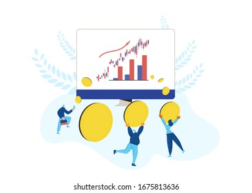 Concepto de inversión. Los accionistas menores obtienen dinero. Auge del mercado de valores. Crecimiento de los precios de las acciones. gente pequeña con monedas enormes, gráfica en la pantalla del ordenador. Ilustración plana vectorial.