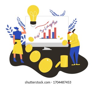 Investment concept. Minor shareholders getting money. Stock market. Growth in equity prices. Tiny people with huge coins, graph and saving money symbols. Two woman with coins. Vector illustration.