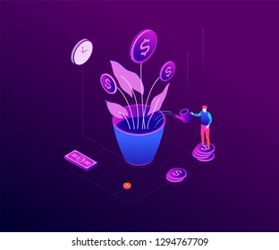 Investment concept - modern colorful isometric vector illustration on purple background. A composition with a businessman standing on coins stack, watering money tree, images of clock and banknotes