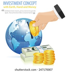 Investment Concept with Money, Hand and Earth, vector icon isolated on white