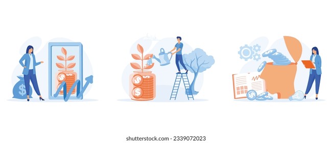 Investment concept, People characters investing money in self development, knowledge and education. Personal finance management, set flat vector modern illustration