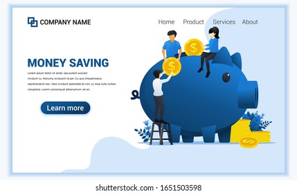 Investment concept with People puting money into piggy bank. Making or saving Money. Can use for web banner, infographics, landing page, web template. Flat vector illustration