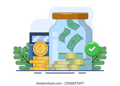 Investment concept, saving money, budget management, financial profit, financial management, growing business financial graph and money coin bag. investment arrow up. increasing profit income graph.