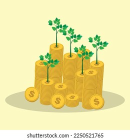 Investment concept, sow coins to plant money tree. investment, business growth, fundraising, strategy Stock Illustration