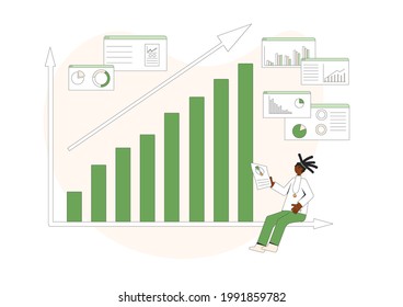 Investment concept. Young africna american woman with stock market growing graph. Vector color line art illustration.
