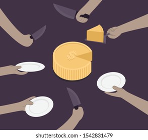 INVESTMENT CONCEPT.MONEY CAKE CUTTING.DIVIDING MONEY.MANY HANDS WAITING FOR THEIR CUT.WAITING FOR PROFITS.SHAREHOLDING