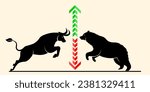 investment consept, Silhouette of Bull or bullish and bear or bearish in the stock market, Cryptocurrency, trend, vector illustration.