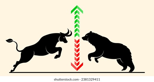 contrato de inversión, Silhouette de Bull o bullsh y bear o bearish en el mercado de valores, Cryptocurrency, tendencia, ilustración vectorial.