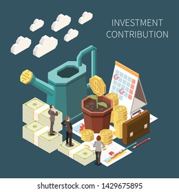 Investment contribution and growth isometric concept with money and business people 3d vector illustration